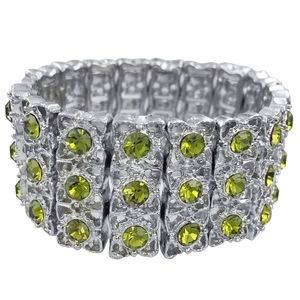 Olive Green Rhinestone 3 Row Fancy Formal Silver Stretch Bracelet